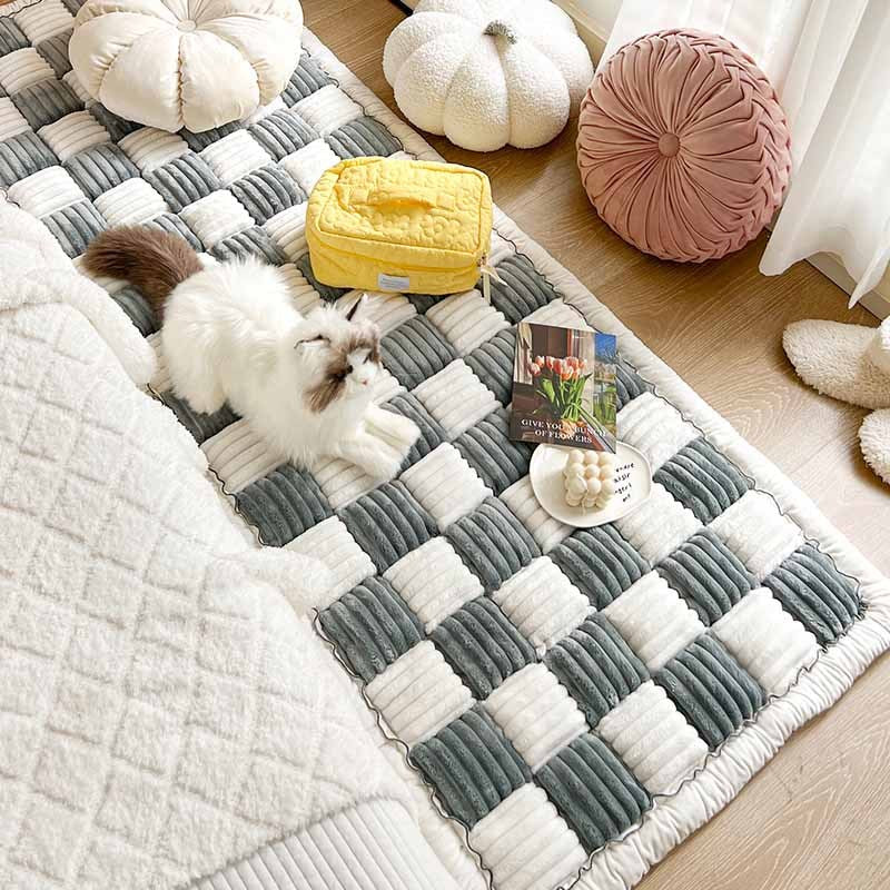 Large Plaid Square Fuzzy Pet Dog Mat Bed Couch Cover