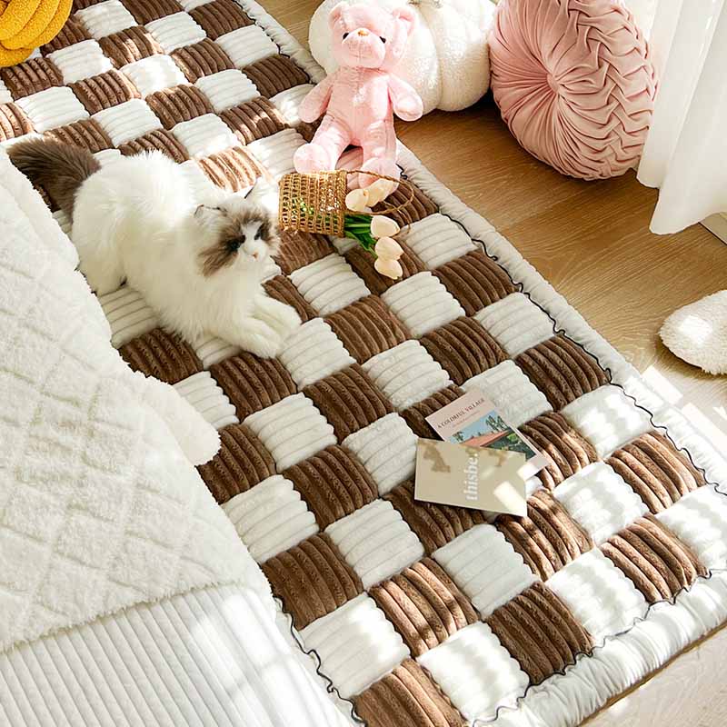 Large Plaid Square Fuzzy Pet Dog Mat Bed Couch Cover