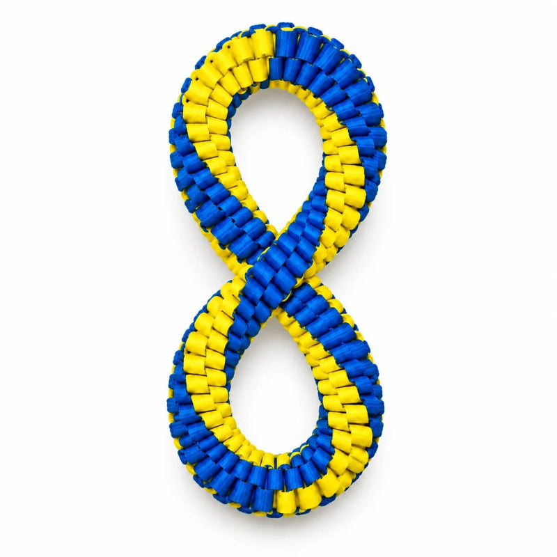 A 3D-rendered infinity symbol made from interlocking ribbon-like segments in alternating bright blue and yellow, centered on a plain white background.