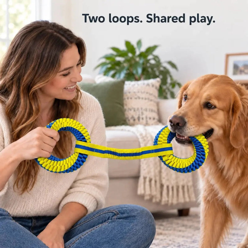 A woman and a golden retriever dog play with a blue and yellow textured ring-shaped tug toy in a cozy living room setting. Text at the top reads 'Two loops.