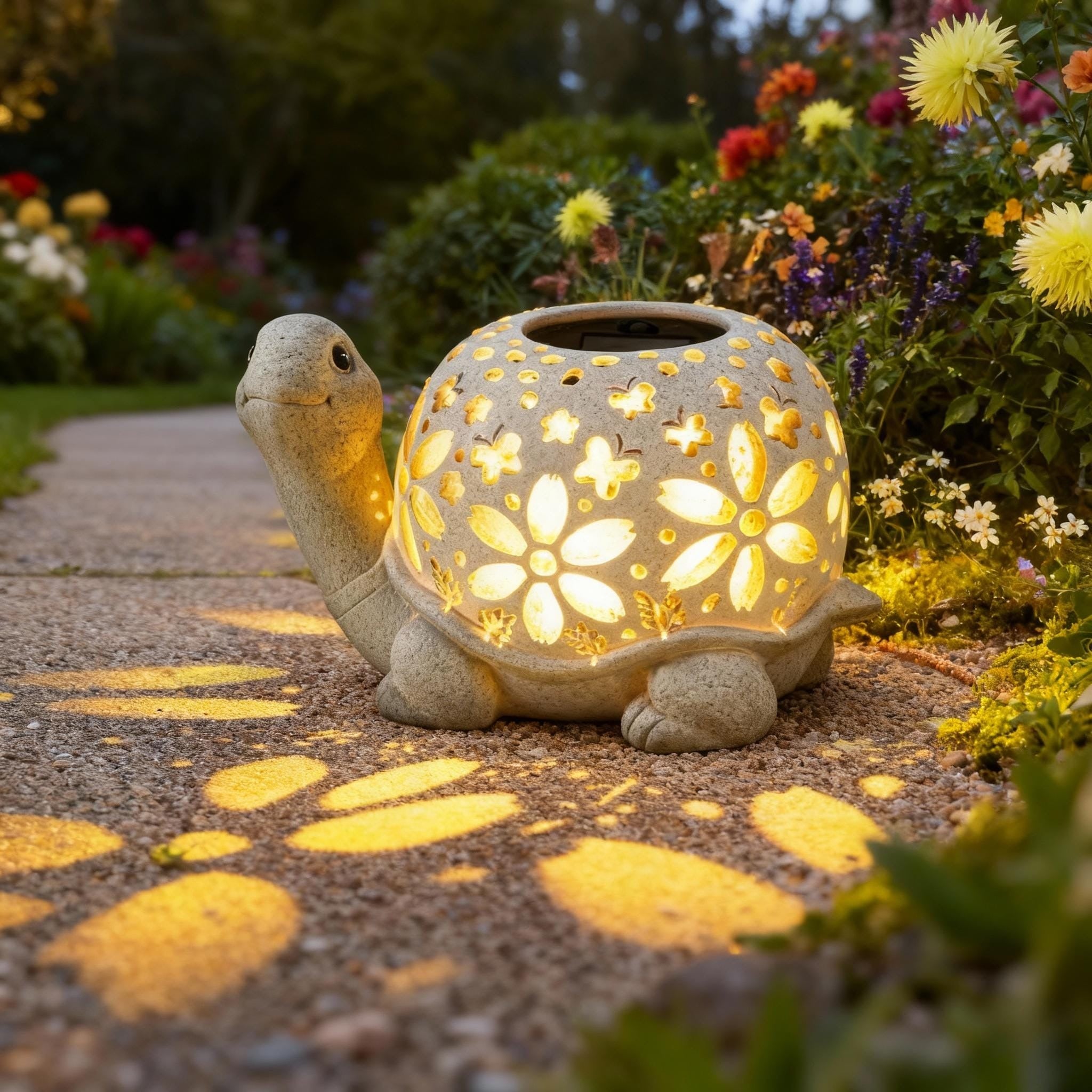 Turtle Glow Solar Garden Lantern With Floral Cutout Shell