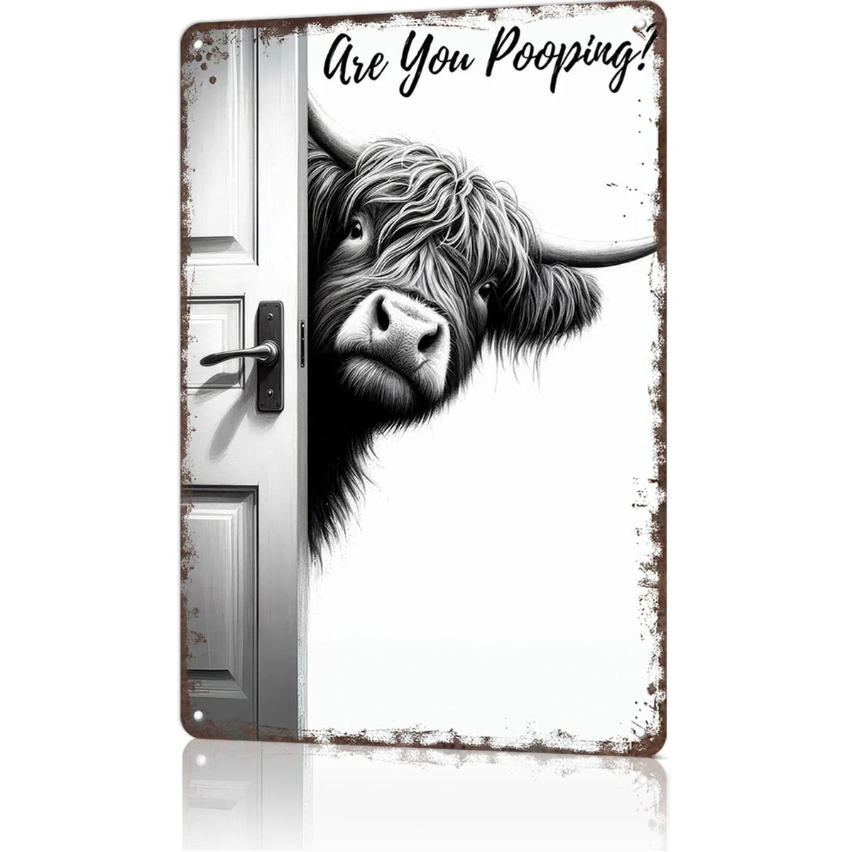 Vintage Highland Cow Sign – Funny"Are You Pooping?" Wall Decor