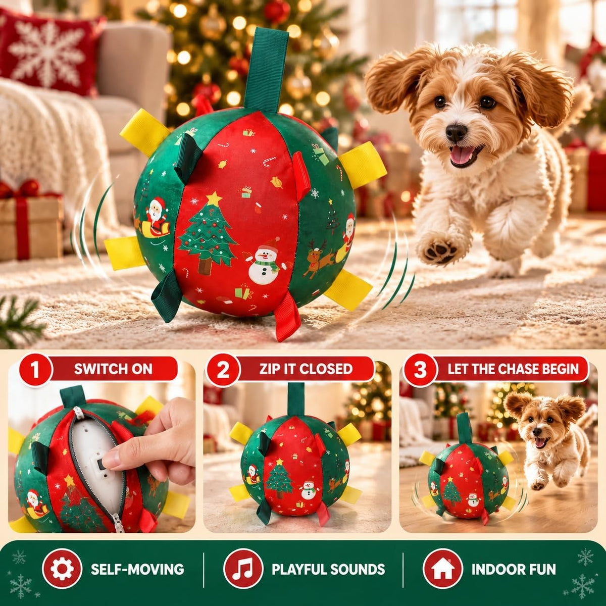 Christmas Dog Ball – Smart Rechargeable Automatic Motion Ball, Perfect Holiday Birthday Gift for Dogs