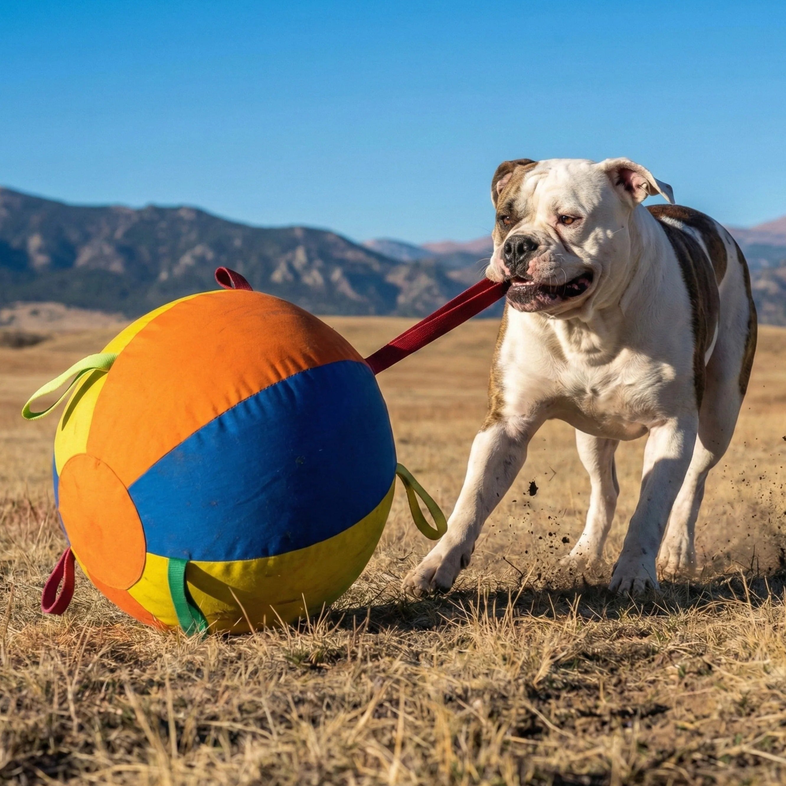 Dog playing with a colorful ball in an open field with mountains in the background