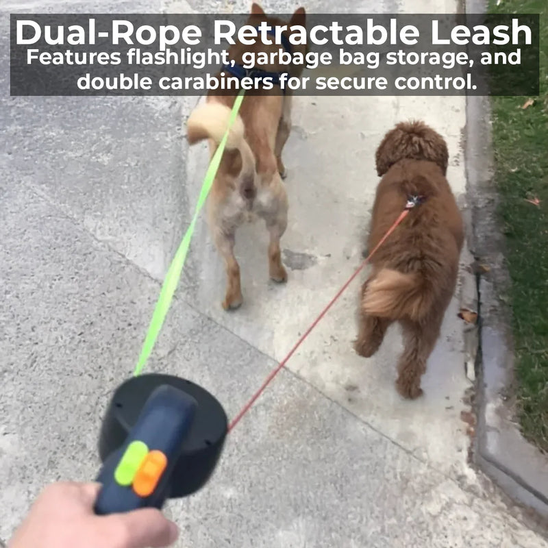 Dual Retractable Dog Leash with Flashlight & Waste Bag Holder